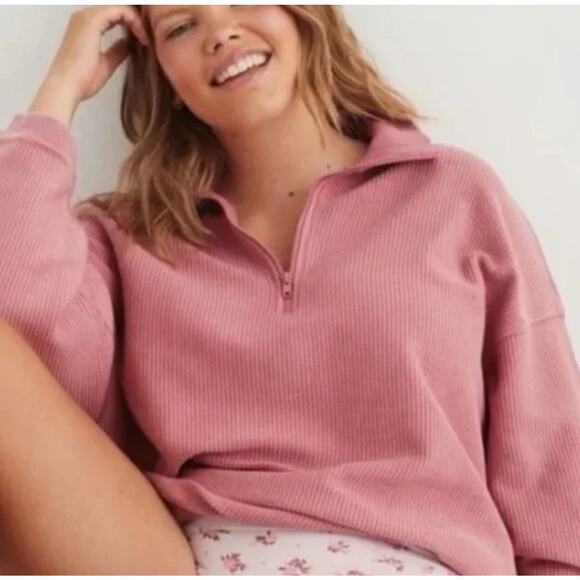 Aerie Good Vibes Corded Oversized Sweatshirt 1/4 Zip Large Dusty Pink Ribbed - Picture 2 of 8
